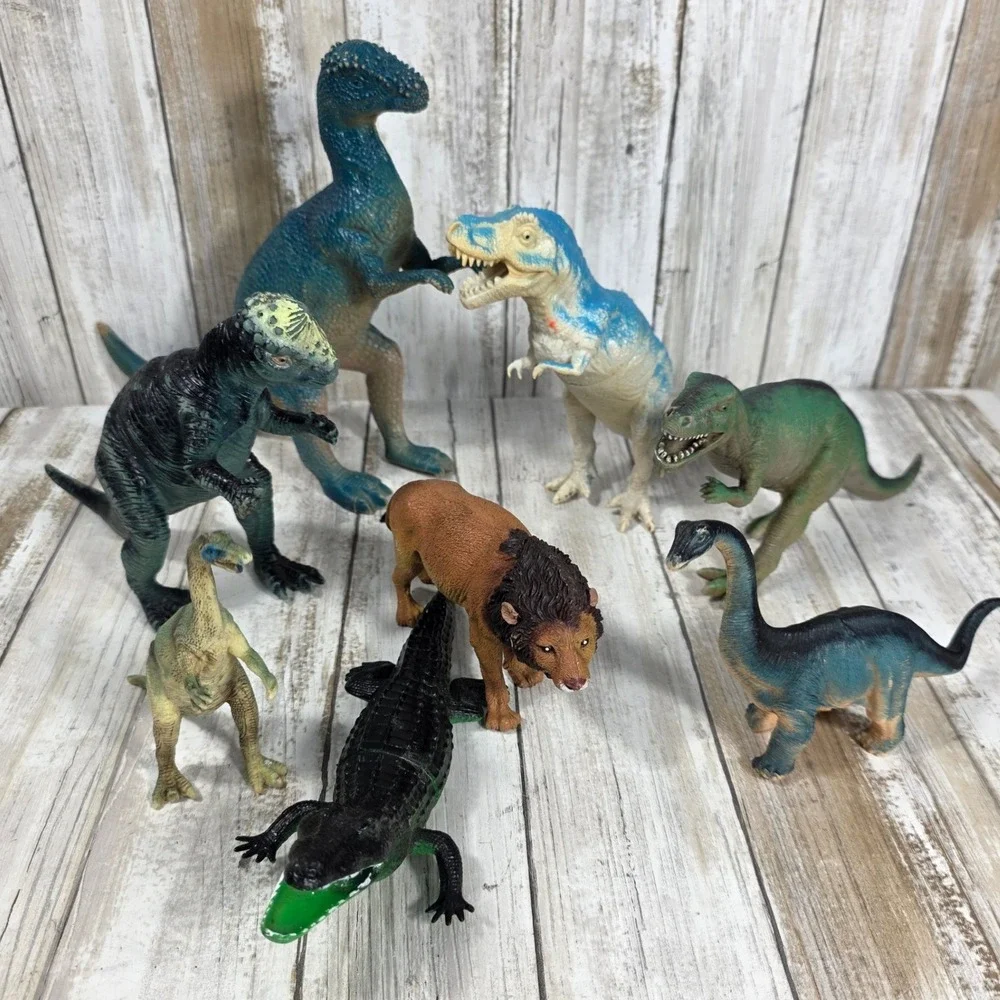 Vintage Style Dinosaur and Wild Animal Toy Figure Lot T-Rex Lion Crocodile 8pc